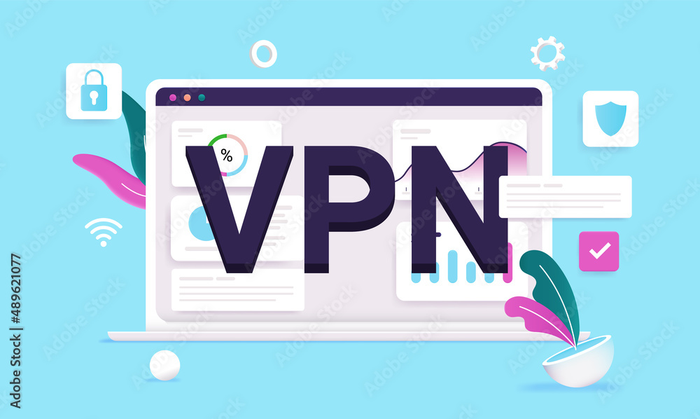 Poster VPN on computer screen - vector illustration of laptop with data, graphs and chart protected with virtual private network.