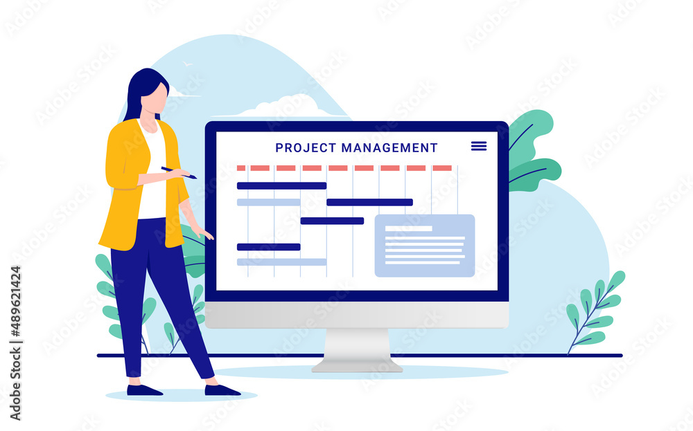 Leinwandbilder project manager with computer - vector illustration of woman working with managing projects on deskt