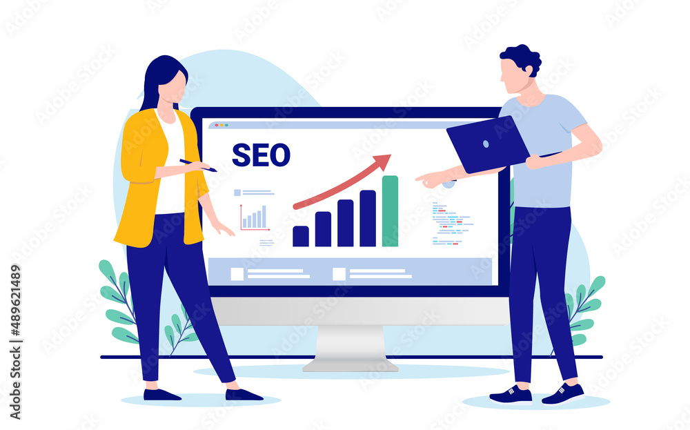 Fototapete seo analytics - man and woman working with search engine optimisation on desktop computer screen. fl