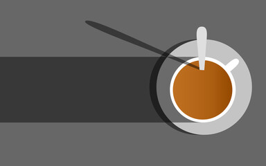 Flat illustration showing a cup of coffee with shadow extending to the left, this illustration is intended for wallpaper or website landing page.