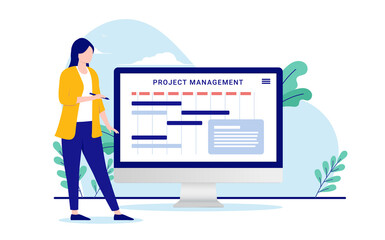 Project manager with computer - Vector illustration of woman working with managing projects on desktop screen. Flat design vector illustration with white background