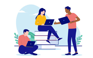 Small casual business team working on computers and doing research. Flat design vector illustration with white background