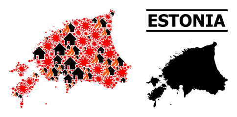 War mosaic vector map of Estonia. Geographic mosaic map of Estonia is constructed from scattered fire, destruction, bangs, burn realty, strikes. Vector flat illustration for military agitprop.