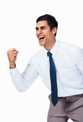 Victorious young business man. Portrait of happy young business man celebrating victory on white background.