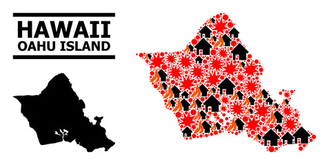 Obraz premium War pattern vector map of Oahu Island. Geographic concept map of Oahu Island is combined from randomized fire, destruction, bangs, burn homes, strikes. Vector flat illustration for war projects.