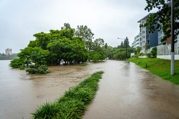 Roads flooded after the heavy rain in West End, Brisbane, Australia 