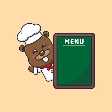 cute beaver chef mascot cartoon character with menu board