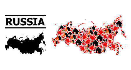 War mosaic vector map of Russia. Geographic composition map of Russia is constructed with randomized fire, destruction, bangs, burn realty, strikes. Vector flat illustration for war applications.