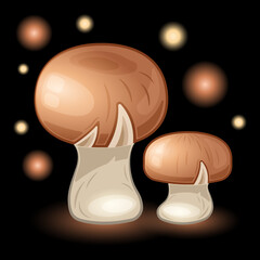 Couple brown champignon growing realistic cartoon isolated
