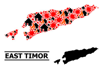 Obraz premium War collage vector map of East Timor. Geographic collage map of East Timor is composed from randomized fire, destruction, bangs, burn realty, strikes. Vector flat illustration for war projects.