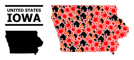 Fototapeta premium War collage vector map of Iowa State. Geographic collage map of Iowa State is composed with scattered fire, destruction, bangs, burn houses, strikes. Vector flat illustration for military collages.