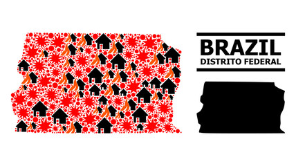 War mosaic vector map of Brazil - Distrito Federal. Geographic concept map of Brazil - Distrito Federal is designed from random fire, destruction, bangs, burn homes, strikes.