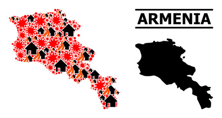 Obraz premium War mosaic vector map of Armenia. Geographic mosaic map of Armenia is constructed from random fire, destruction, bangs, burn houses, strikes. Vector flat illustration for war agitprop.