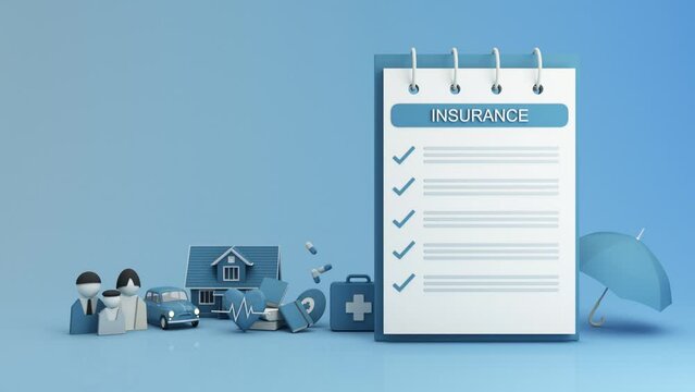 3d render of Insurance company complete insurance concept. Assurance and insurance, car, real estate and property, travel, finances, health, family and life. on blue background 3d animation looped