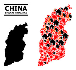 Obraz premium War mosaic vector map of Shanxi Province. Geographic mosaic map of Shanxi Province is done from randomized fire, destruction, bangs, burn homes, strikes. Vector flat illustration for war agitprop.