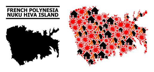 War pattern vector map of Nuku Hiva Island. Geographic collage map of Nuku Hiva Island is composed with scattered fire, destruction, bangs, burn realty, strikes.