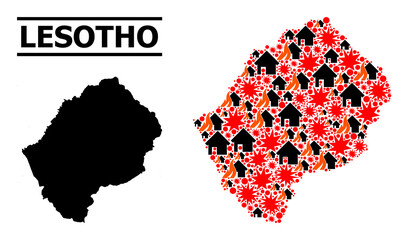 Obraz premium War mosaic vector map of Lesotho. Geographic mosaic map of Lesotho is organized from randomized fire, destruction, bangs, burn houses, strikes. Vector flat illustration for war purposes.