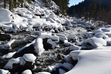 River running through snow-covered rocks