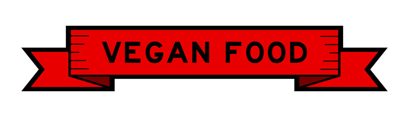 Vintage red color ribbon banner with word vegan food on white background