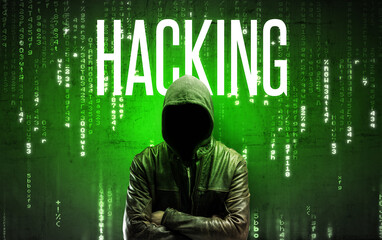 Faceless hacker with inscription concept