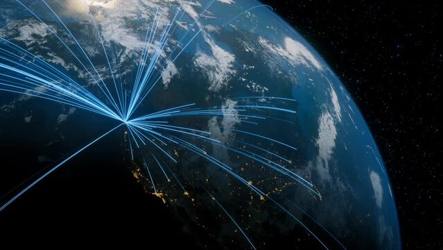 Earth in Space. Blue Lines connect Seattle, USA with Cities across the World. Global Travel or Business Concept.