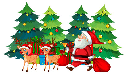 Fototapeta na wymiar Santa Claus and reindeers with Christmas trees