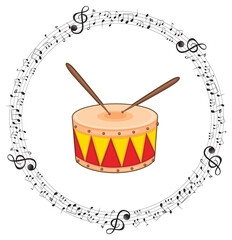 A drum with musical notes on white background