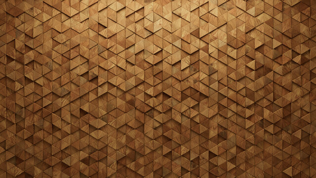Timber, Natural Wall background with tiles. Wood, tile Wallpaper with 3D, Triangular blocks. 3D Render