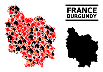 War collage vector map of Burgundy Province. Geographic composition map of Burgundy Province is designed with scattered fire, destruction, bangs, burn houses, strikes.