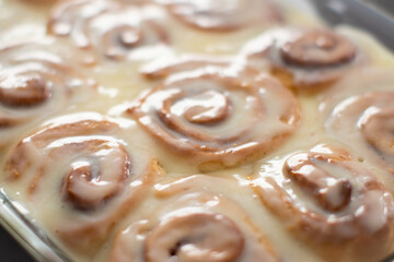 closeup of cinnamon rolls in a pan