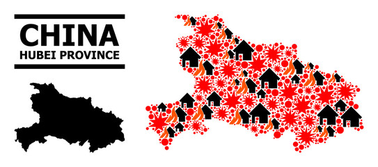 Obraz premium War mosaic vector map of Hubei Province. Geographic mosaic map of Hubei Province is combined from randomized fire, destruction, bangs, burn homes, strikes. Vector flat illustration for war agitprop.
