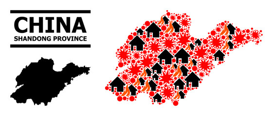 Obraz premium War pattern vector map of Shandong Province. Geographic concept map of Shandong Province is organized with scattered fire, destruction, bangs, burn houses, strikes.