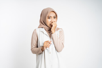 worried muslim asian woman gesture on isolated background