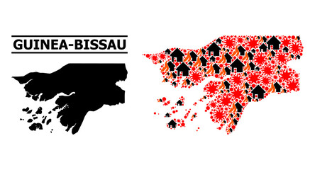 War pattern vector map of Guinea-Bissau. Geographic composition map of Guinea-Bissau is composed with random fire, destruction, bangs, burn realty, strikes. Vector flat illustration for war purposes.