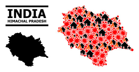 Obraz premium War collage vector map of Himachal Pradesh State. Geographic collage map of Himachal Pradesh State is organized from scattered fire, destruction, bangs, burn homes, strikes.