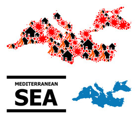 War collage vector map of Mediterranean Sea. Geographic collage map of Mediterranean Sea is created with randomized fire, destruction, bangs, burn homes, strikes.