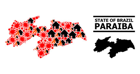 Obraz premium War mosaic vector map of Paraiba State. Geographic mosaic map of Paraiba State is designed with scattered fire, destruction, bangs, burn houses, strikes. Vector flat illustration for peace promotion.