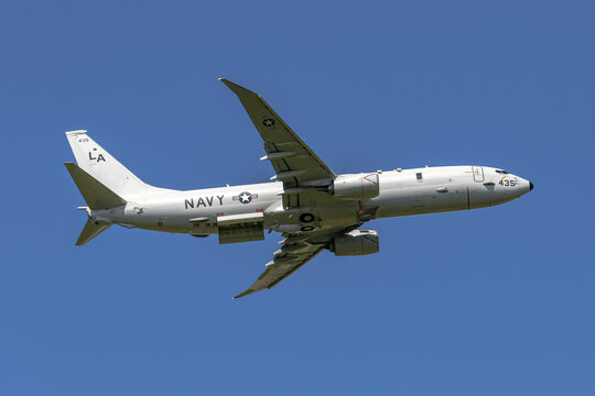 SAPPORO, JAPAN - Jul 23, 2016: The P-8A Poseidon is the U.S. Navy's multi-mission maritime patrol and reconnaissance aircraft with weapon bay open.