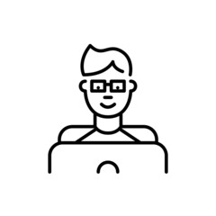 Nerdy teenage boy wearing glasses learning or gaming at a laptop. Pixel perfect, editable stroke icon