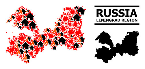 War pattern vector map of Leningrad Region. Geographic mosaic map of Leningrad Region is composed with random fire, destruction, bangs, burn homes, strikes.