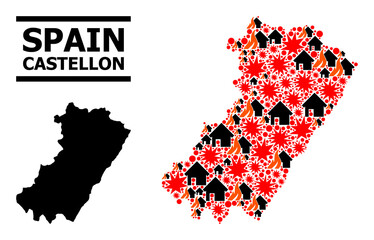 War mosaic vector map of Castellon Province. Geographic mosaic map of Castellon Province is created from scattered fire, destruction, bangs, burn homes, strikes.