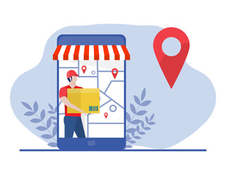 Delivery man holding box Online shop delivery service using flat cartoon illustration. smartphone, delivery concept.