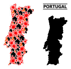 Obraz premium War pattern vector map of Portugal. Geographic concept map of Portugal is constructed from scattered fire, destruction, bangs, burn realty, strikes. Vector flat illustration for war agitation.