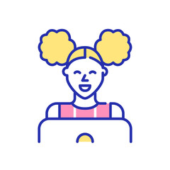 Girl with curly ponytails using a laptop. Pixel perfect, editable stroke fun color icon