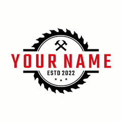 carpentry logo design, carpentry tool set, saw, circular saw, vintage, woodworking, vector, retro,logocontruction