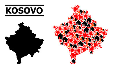 Obraz premium War mosaic vector map of Kosovo. Geographic mosaic map of Kosovo is designed from random fire, destruction, bangs, burn realty, strikes. Vector flat illustration for war posters.