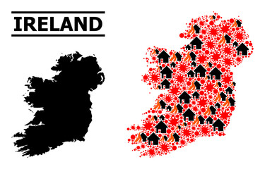 Obraz premium War collage vector map of Ireland Island. Geographic mosaic map of Ireland Island is constructed from randomized fire, destruction, bangs, burn houses, strikes.