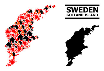 War collage vector map of Gotland Island. Geographic collage map of Gotland Island is composed with scattered fire, destruction, bangs, burn houses, strikes. Vector flat illustration for war collages.