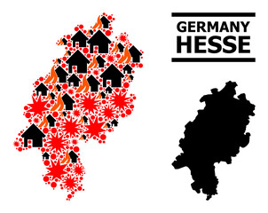Obraz premium War pattern vector map of Hesse State. Geographic concept map of Hesse State is done from scattered fire, destruction, bangs, burn realty, strikes. Vector flat illustration for war projects.