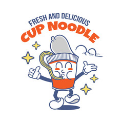 cup instant noodle character illustration in vintage style